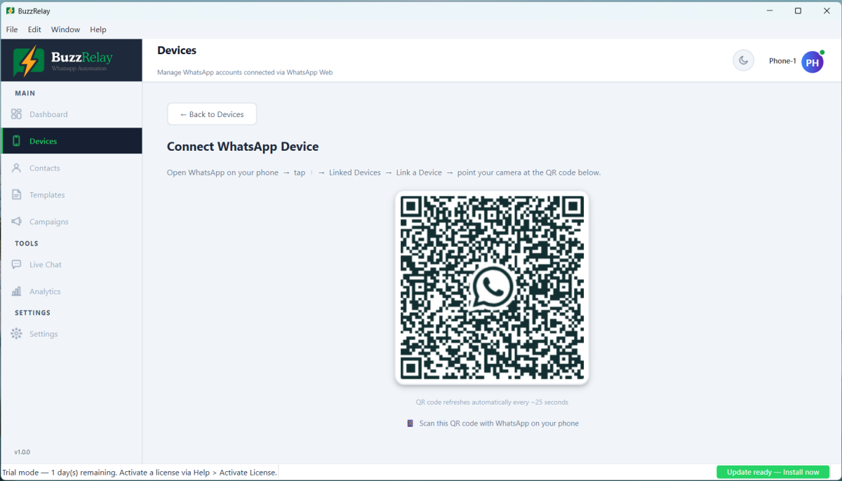 Add Device dialog in BuzzRelay showing the WhatsApp QR code ready to scan