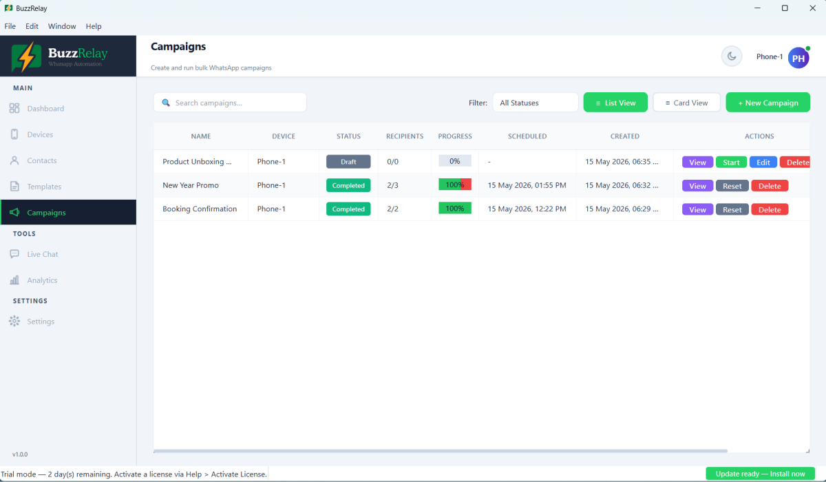 BuzzRelay Campaigns page listing campaigns with their status and progress