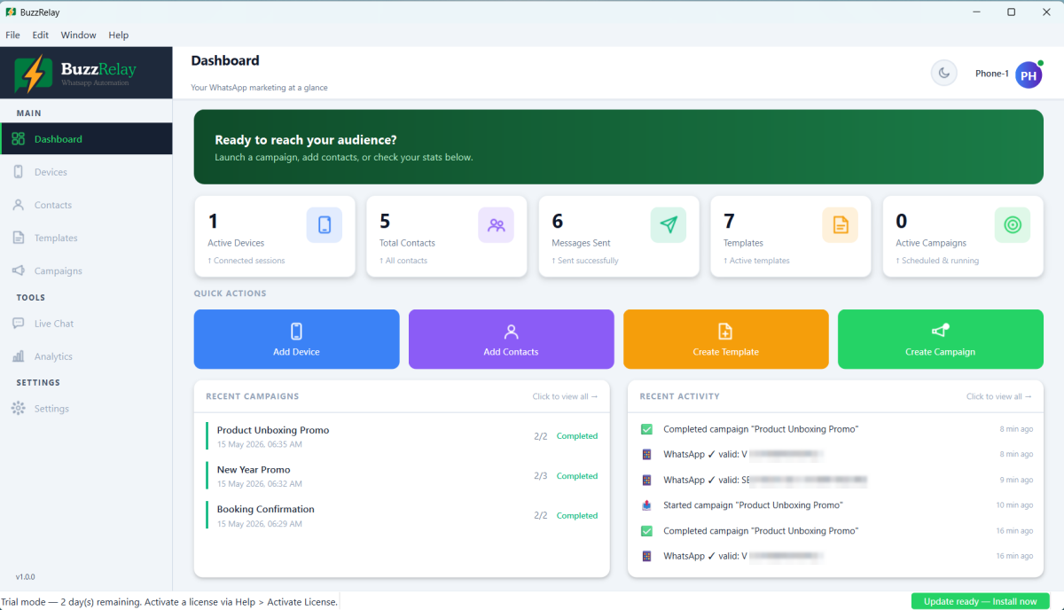 BuzzRelay dashboard showing summary stat cards, recent activity and the left sidebar navigation