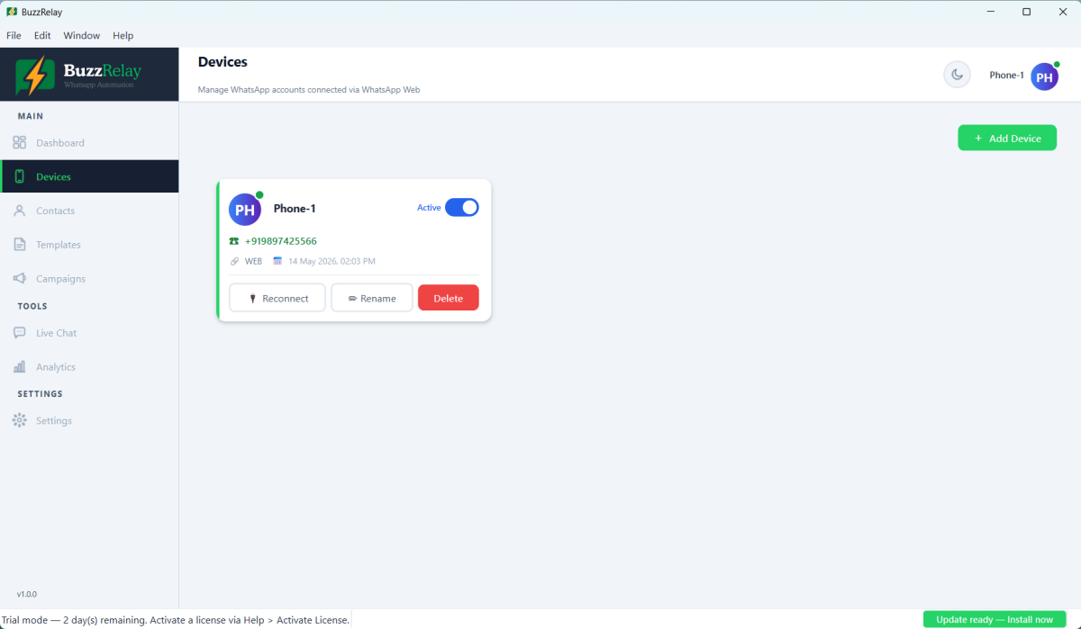 BuzzRelay Devices page listing connected WhatsApp numbers with status indicators