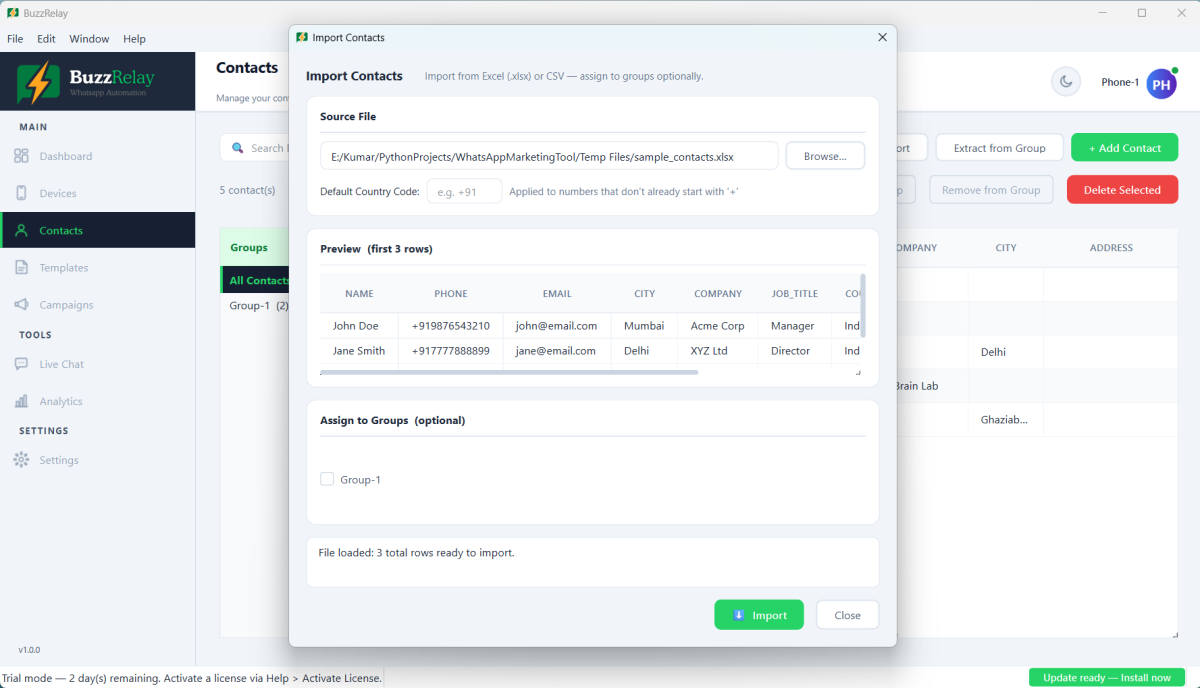 BuzzRelay contact import dialog showing column mapping and import options