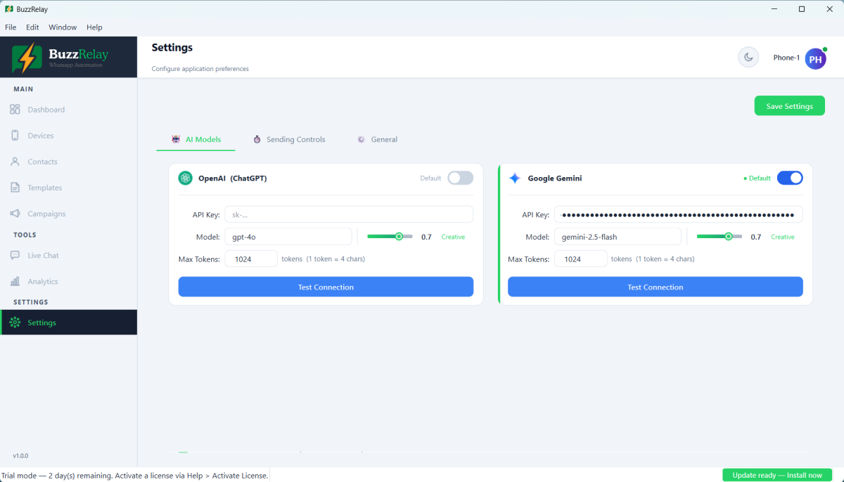 BuzzRelay Settings on the AI Models tab showing OpenAI and Google Gemini provider cards with API key, model and Test Connection